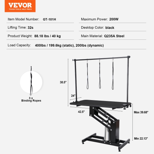 VEVOR 43" Hydraulic Pet Grooming Table, Heavy Duty Dog Grooming Arm for Medium/Small Dogs, Height Adjustable, Anti Slip Tabletop /Dog Grooming