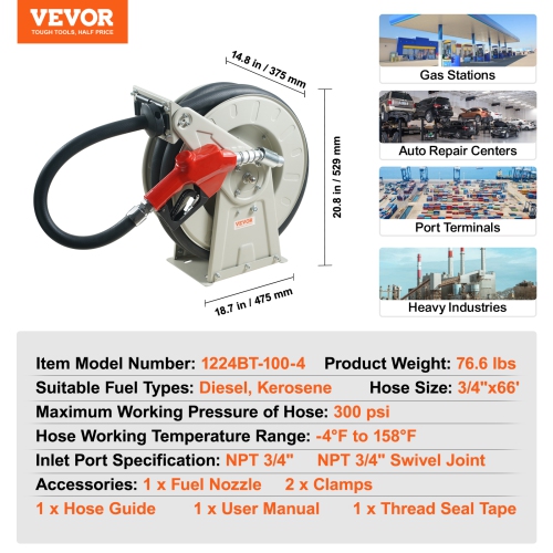 VEVOR 3/4" x 66' Fuel Hose Reel, Extra Long Retractable Diesel Hose Reel, Heavy-Duty Carbon Steel Construction with Automatic Fuel Nozzle, NBR Rubber