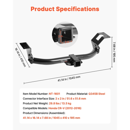 VEVOR 6000 lbs Class 3 Trailer Hitch, 2-Inch Receiver, Q345B Steel Tube Frame, Compatible with 2012-2016 Honda CR-V, Multi-Fit Hitch to Receive Ball