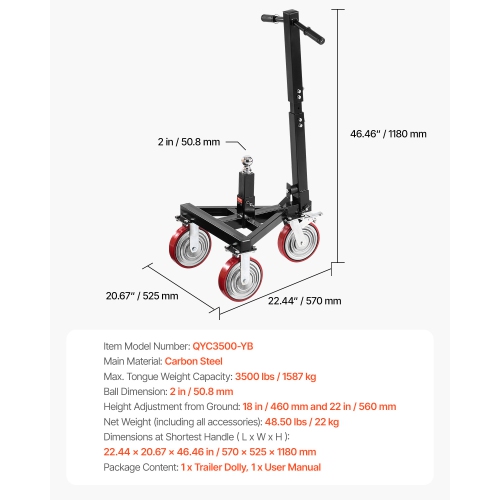 VEVOR 3500lbs Trailer Dolly, Tongue Weight Capacity, 18 inch and 22 inch Height Adjustable Trailer Dolly, with 2 inch Hitch Ball, Adjustable Handle