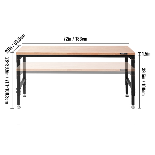 VEVOR 72" L X 25" W Adjustable Workbench, Garage Worktable with Universal Wheels, 28-39.5"Heights & 3000 LBS Load Capacity, with Power Outlets &