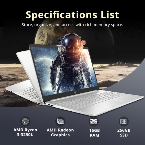 HP 15.6" FHD Laptop - AMD Ryzen 3-3250U - 16GB DDR4 - 256GB PCIe SSD - AMD Radeon Graphics - Windows 10 S - Silver by HP - Refurbished condition - Image 2