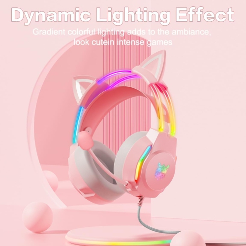Pink cat ear wired headphones | Dreamy gradient RGB lighting | Memory foam earmuffs + lightweight design | Plug and play, supports mobile