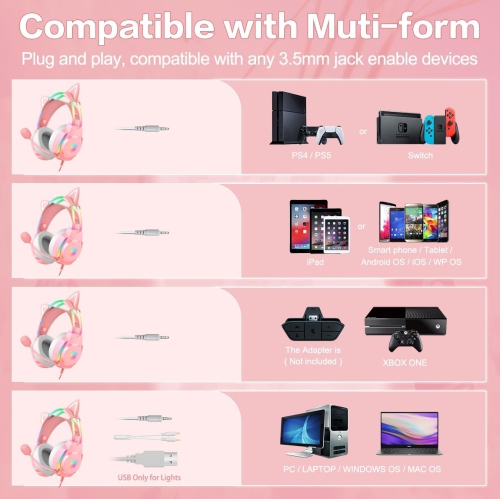 Pink cat ear wired headphones | Dreamy gradient RGB lighting | Memory foam earmuffs + lightweight design | Plug and play, supports mobile