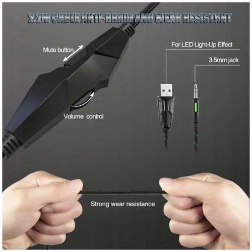 Casque de jeu professionnel, casque d'écoute avec fil LED Lights avec suppression du bruit LED et microphone réglable Excellente qualité sonore