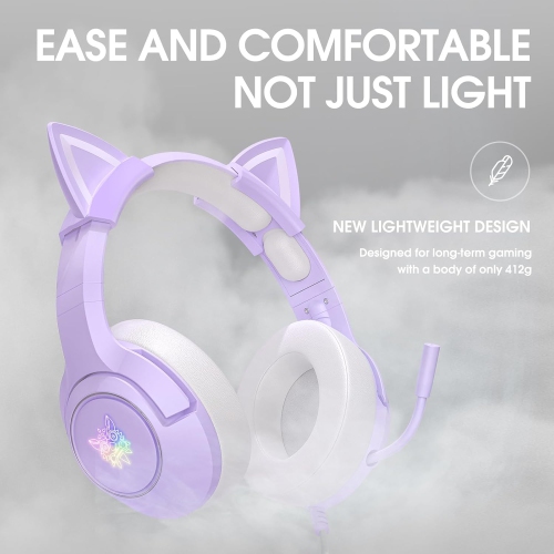 [Dream Purple] Cat Ear Wired Gaming Headset｜50mm Large Unit + Intelligent Noise Reduction｜RGB Streamer Lighting Effect｜Cute Cat Ears｜Multi-platform