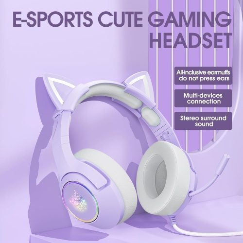 [Dream Purple] Cat Ear Wired Gaming Headset｜50mm Large Unit + Intelligent Noise Reduction｜RGB Streamer Lighting Effect｜Cute Cat Ears｜Multi-platform