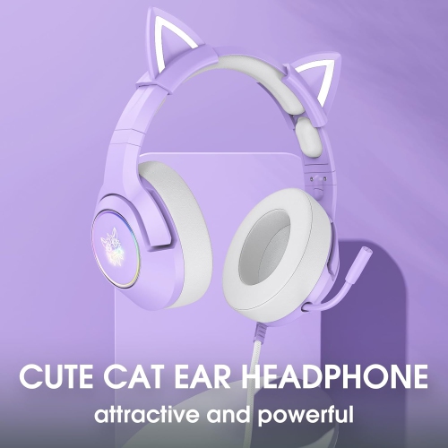 [Dream Purple] Cat Ear Wired Gaming Headset｜50mm Large Unit + Intelligent Noise Reduction｜RGB Streamer Lighting Effect｜Cute Cat Ears｜Multi-platform