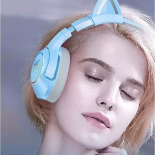 Casque de jeu Blue Glitter Edition de Cat Ear | Pilote 50 mm + microphone à suppression du bruit | Éclairage coloré RVB | Oreilles Cat amovibles