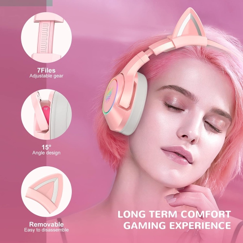 Pink cute cat ear wired gaming headset | Intelligent noise reduction + microphone mute | Soft memory foam earmuffs | USB colorful light control |