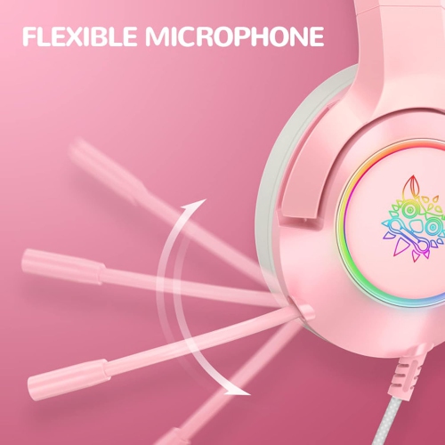 Pink cute cat ear wired gaming headset | Intelligent noise reduction + microphone mute | Soft memory foam earmuffs | USB colorful light control |