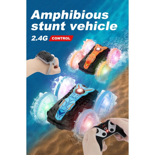 Light water car double-sided remote control amphibious rolling rotation remote control stunt beach toy children's car electric-1203Q orange