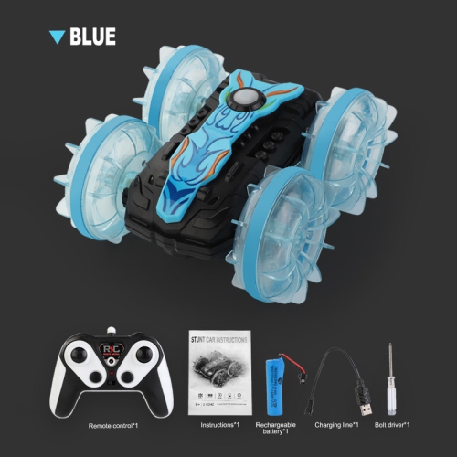 Light water car double-sided remote control amphibious rolling rotation remote control stunt beach toy children's car electric-1203Q blue