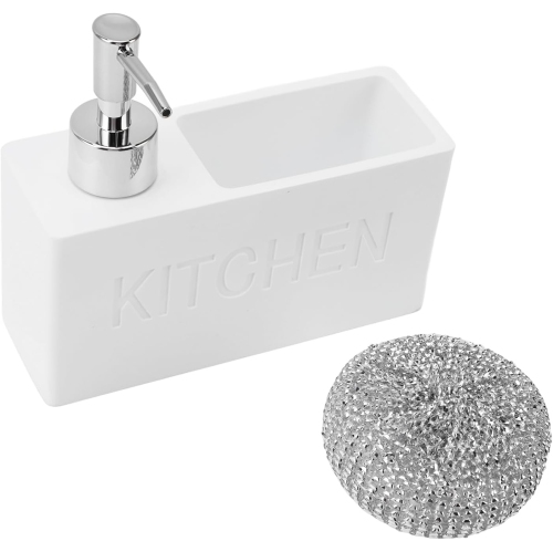 Wall-mounted dishwashing liquid push-dispensing bottle with cleaning ball sponge holder, bathroom and kitchen soap dispenser storage box - white