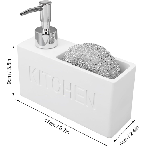 Wall-mounted dishwashing liquid push-dispensing bottle with cleaning ball sponge holder, bathroom and kitchen soap dispenser storage box - white