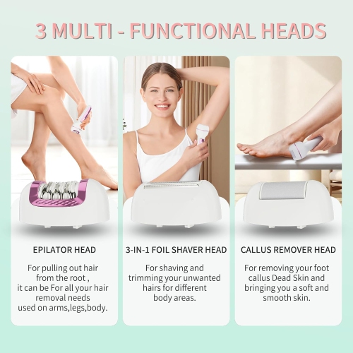 Epilator for Women 3-in-1 Epilator,Body Hair Removal Device,Wet & Dry Use Waterproof Cordless Rechargeable Electric Trimmer & Shaver & Callus Remover