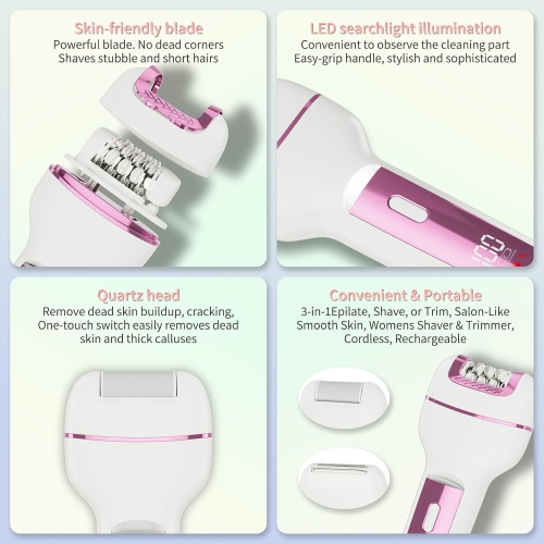 Epilator for Women 3-in-1 Epilator,Body Hair Removal Device,Wet & Dry Use Waterproof Cordless Rechargeable Electric Trimmer & Shaver & Callus Remover