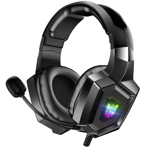 Gaming Headset with Bendable Microphone, Over-Ear Wired Headphones, Cool RGB Lighting, Memory Foam Skin-Friendly Earmuffs, 360° Surround Sound, 3.5mm