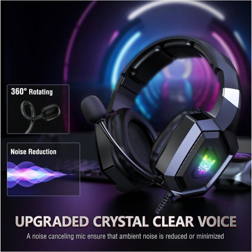 Gaming Headset with Bendable Microphone, Over-Ear Wired Headphones, Cool RGB Lighting, Memory Foam Skin-Friendly Earmuffs, 360° Surround Sound, 3.5mm