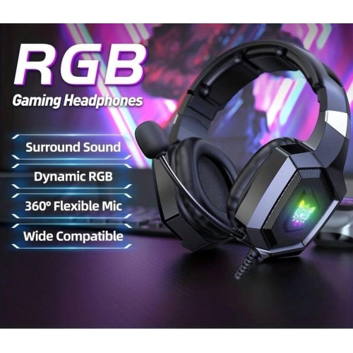 Gaming Headset with Bendable Microphone, Over-Ear Wired Headphones, Cool RGB Lighting, Memory Foam Skin-Friendly Earmuffs, 360° Surround Sound, 3.5mm