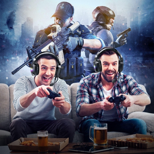 Gaming Headset with Bendable Microphone, Over-Ear Wired Headphones, Cool RGB Lighting, Memory Foam Skin-Friendly Earmuffs, 360° Surround Sound, 3.5mm