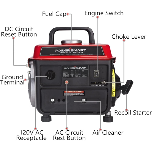 PowerSmart PS50 1000W 2 Stroke Manual Start Portable Generator, Red/Black