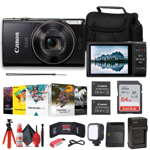 Canon PowerShot IXUS 285 HS 12X Optical Zoom Digital Camera (1076C001) + NB11L Battery + 64GB Memory Card + Corel Photo Software + Case + Charger +