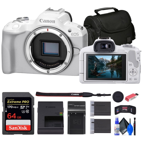 CANON  Eos R50 Mirrorless Camera (White) + 64GB Card + Bag + Charger + Battery + More