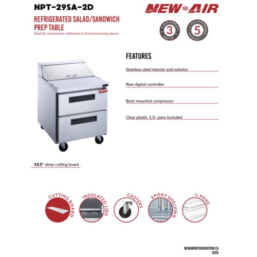 New Air NPT-29SA-2D Refrigerated Salad/Sandwich Prep Table - Ideal for restaurants, cafeterias and food processing spaces