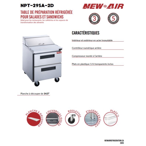 New Air NPT-29SA-2D Refrigerated Salad/Sandwich Prep Table - Ideal for restaurants, cafeterias and food processing spaces