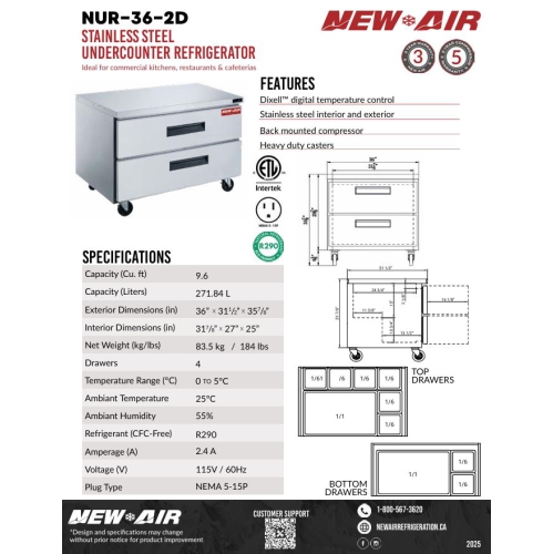 New Air NUR-36-2D 36" Stainless Steel Undercounter Refrigerator - Ideal for commercial kitchens, restaurants and cafeterias