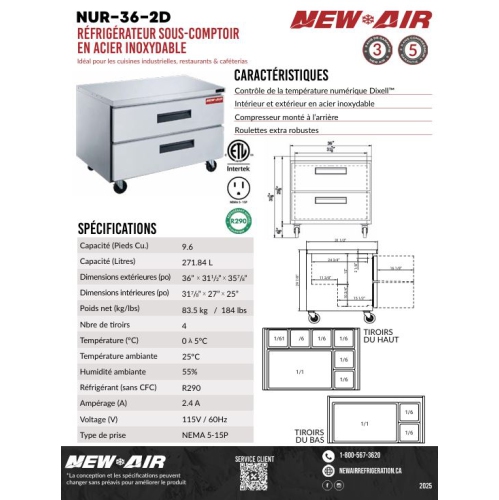 New Air NUR-36-2D 36" Stainless Steel Undercounter Refrigerator - Ideal for commercial kitchens, restaurants and cafeterias