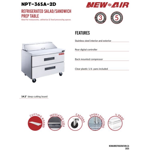 New Air NPT-36SA-2D Refrigerated Salad/Sandwich Prep Table - Ideal for restaurants, cafeterias and food processing spaces