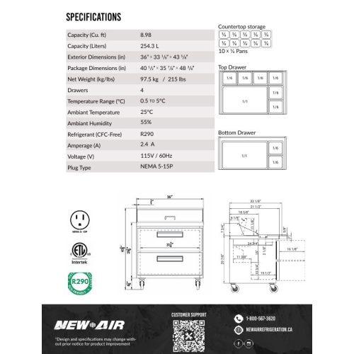 New Air NPT-36SA-2D Refrigerated Salad/Sandwich Prep Table - Ideal for restaurants, cafeterias and food processing spaces
