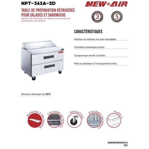 New Air NPT-36SA-2D Refrigerated Salad/Sandwich Prep Table - Ideal for restaurants, cafeterias and food processing spaces