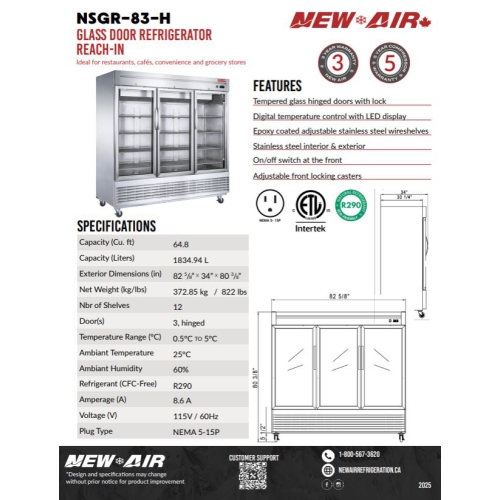 New Air NSGR-83-H 83" Glass Door Freezer Reach-In - Ideal for restaurants, cafés, convenience and grocery stores