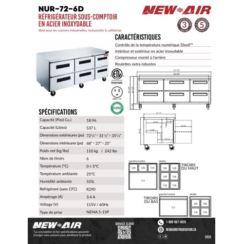 New Air NUR-72-6D Stainless Steel Undercounter Refrigerator - Ideal for commercial kitchens, restaurants and cafeterias