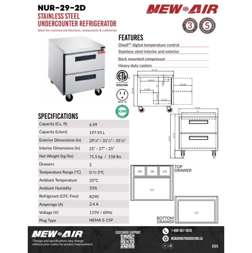 New Air NUR-29-2D 29" Stainless Steel Undercounter Refrigerator - Ideal for commercial kitchens, restaurants and cafeterias