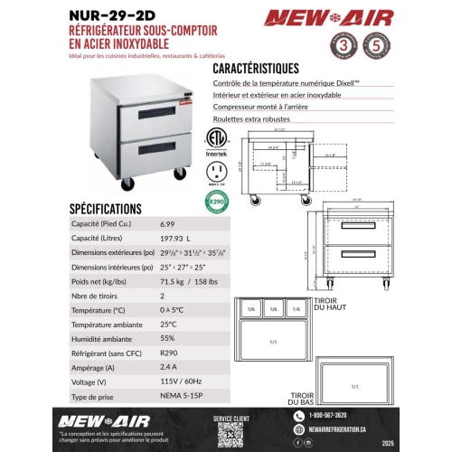 New Air NUR-29-2D 29" Stainless Steel Undercounter Refrigerator - Ideal for commercial kitchens, restaurants and cafeterias