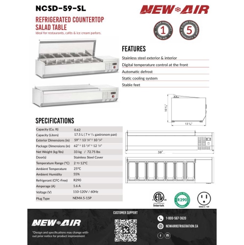 New Air NCSD-59-SL Refrigerated Countertop Salad Table - Ideal for restaurants, cafés and ice cream parlors