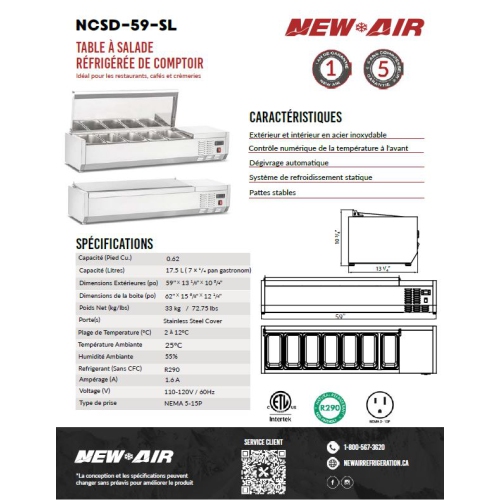 New Air NCSD-59-SL Refrigerated Countertop Salad Table - Ideal for restaurants, cafés and ice cream parlors