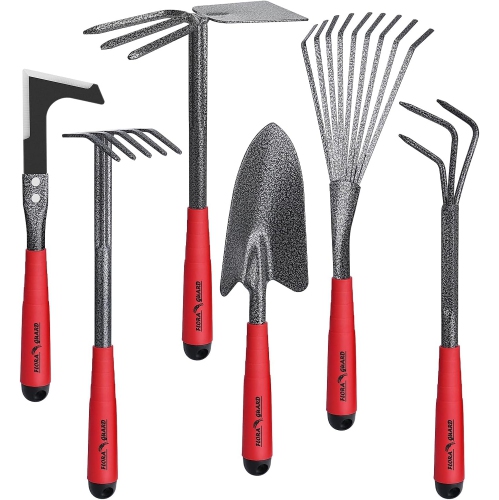 VECELOLIBILIS  6 Piece Garden Tool Sets - Including Trowel, 5-Teeth Rake, 9-Teeth Leaf Rake, Double Hoe 3 Prongs, Cultivator, Weeder, Gardening Hand Tools