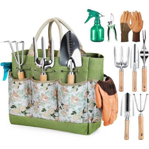 Garden Tools 9-Piece Heavy Duty Gardening Tools with Pruning Shears & Large Garden Tote, Rust-Proof Tools Set for Gardening, Ideal Gardening Gifts