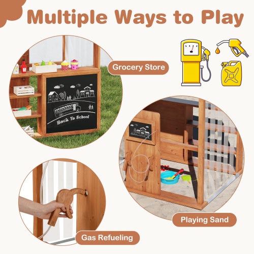 Gymax Kids Gas Station Playhouse w/ Gas Refueling Guns Chalkboards & Storage Shelves