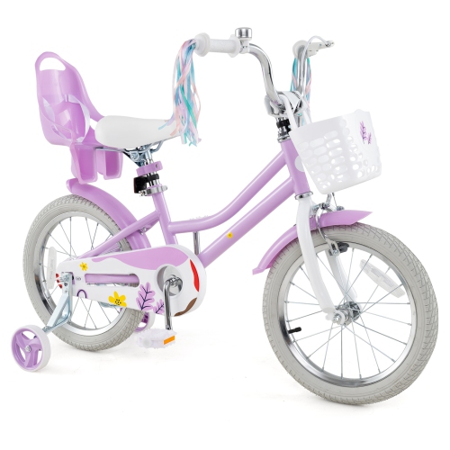 Gymax 16 Inches Kids Bicycle w/ Basket Doll Seat Colorful Streamers Training Wheels