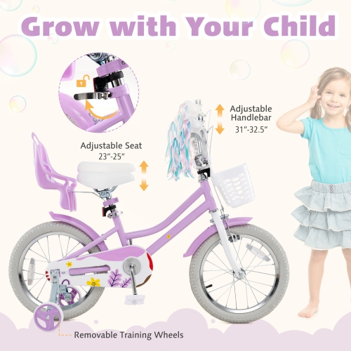 Gymax 16 Inches Kids Bicycle w/ Basket Doll Seat Colorful Streamers Training Wheels