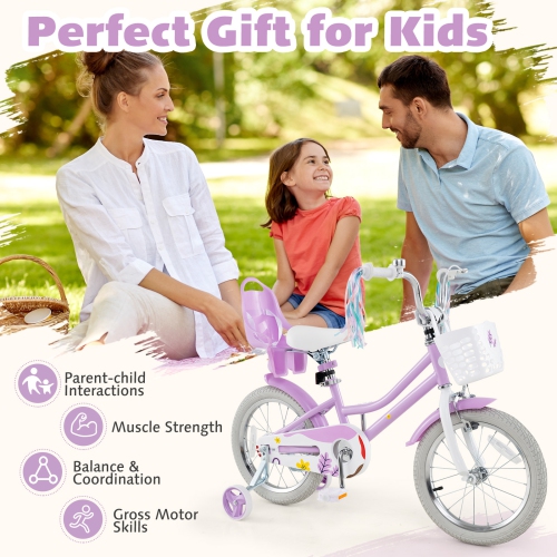 Gymax 16 Inches Kids Bicycle w/ Basket Doll Seat Colorful Streamers Training Wheels