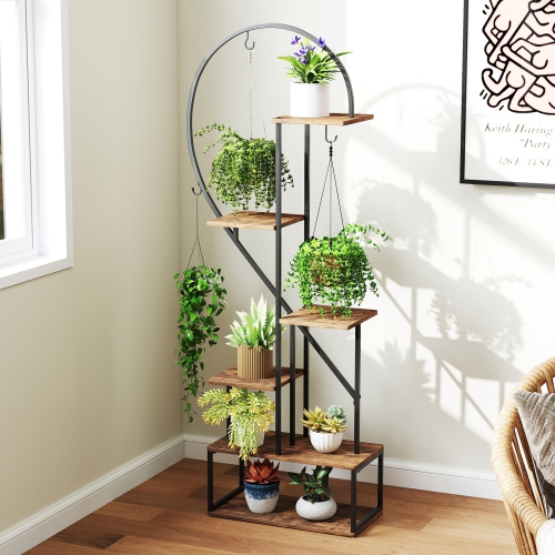 Gymax 6-Tier Metal Plant Stand w/12 Boards 6 Hanging Hooks Tall Flowerpot Display Rack