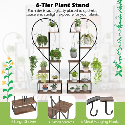 Gymax 6-Tier Metal Plant Stand w/12 Boards 6 Hanging Hooks Tall Flowerpot Display Rack