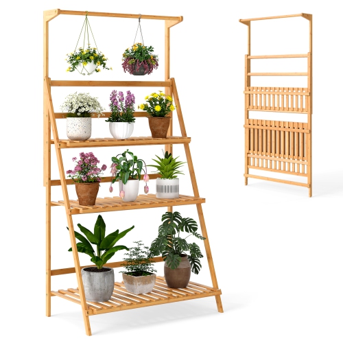 GYMAX  3 Tier Hanging Plant Stand W/ Height Adjustable Hanger Rod Folding Flower Shelf